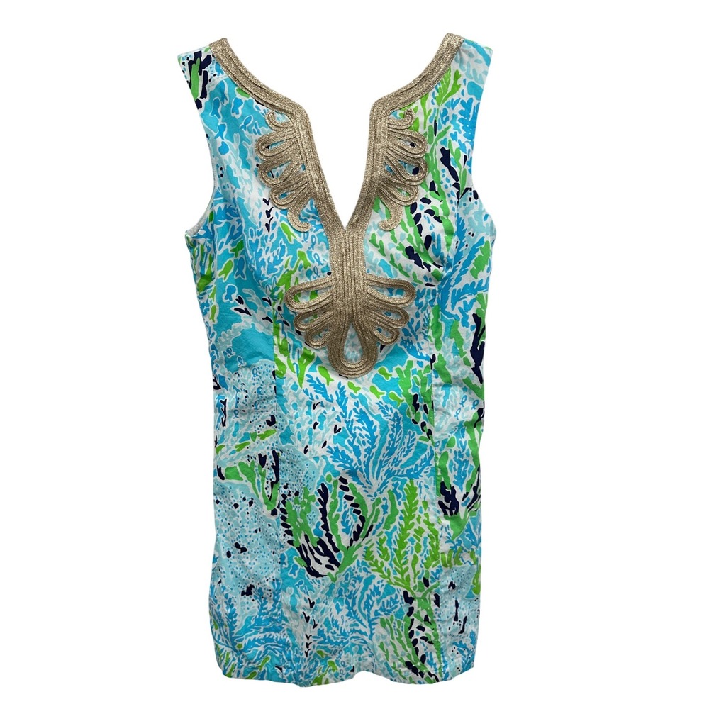 Lilly Pulitzer Essie Tunic Dress Coral‎ Reef Print Gold Neckline Size 2